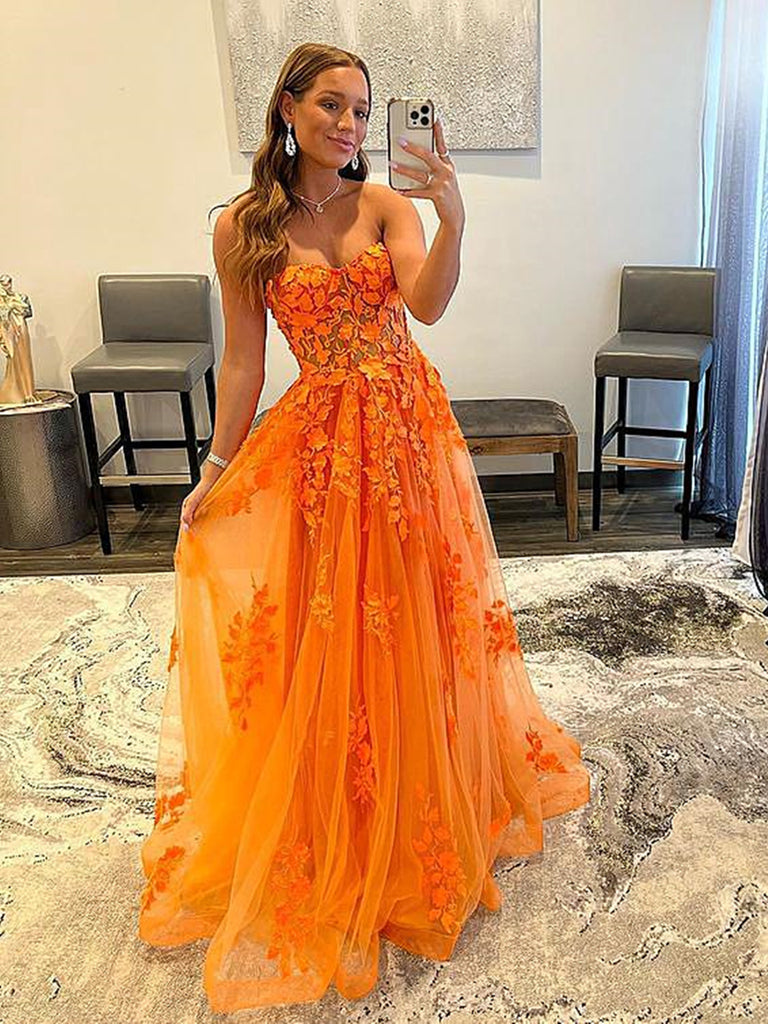 Sweetheart Neck Orange Lace Prom ...